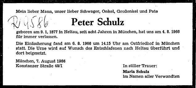 Schulz Peter 1877-1966 Todesanzeige